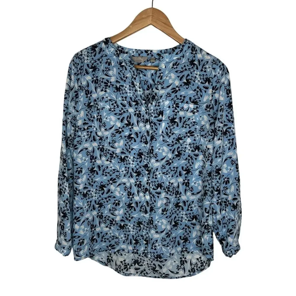 Coral Bay Women's Blue Floral Print Blouse Top Roll Tab Sleeves Size Small - Picture 2 of 8